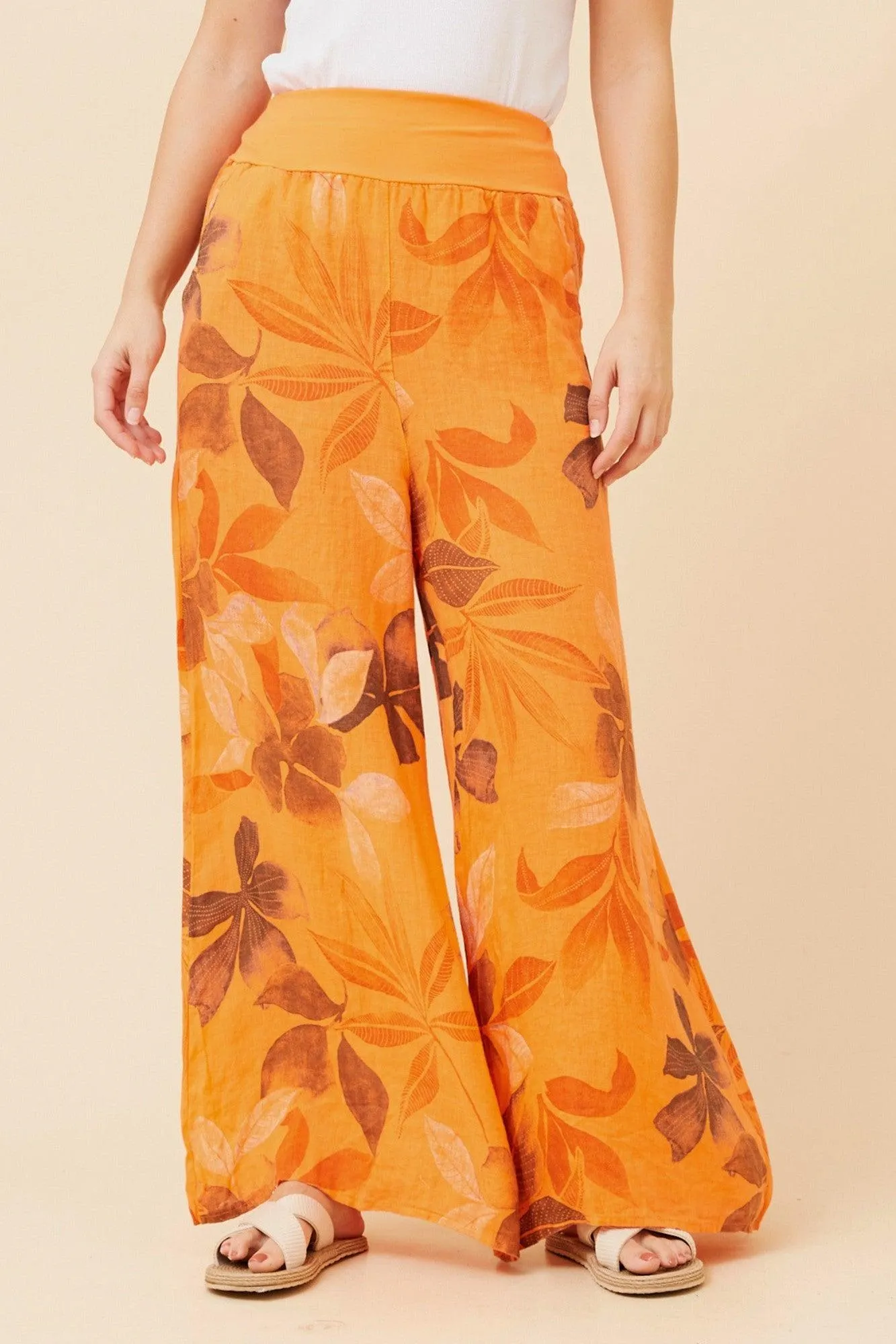 LEONORA LEAF PRINT LINEN PANTS