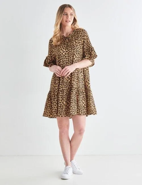 Whistle Animal Print Ruffle Sleeve Dress, Beige