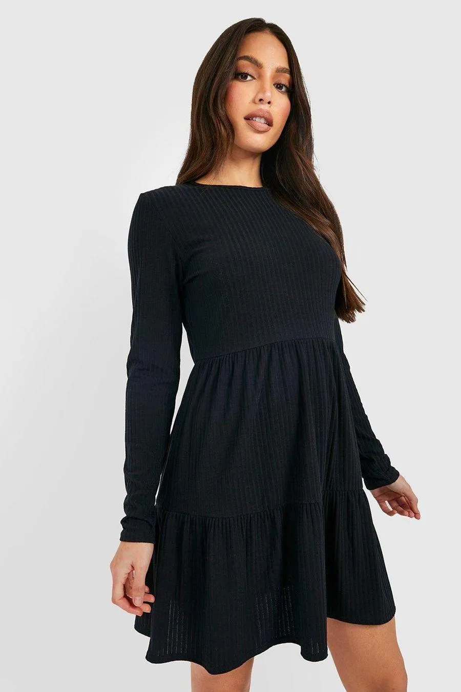 Tall Soft Rib Long Sleeve Tiered Mini Smock Dress