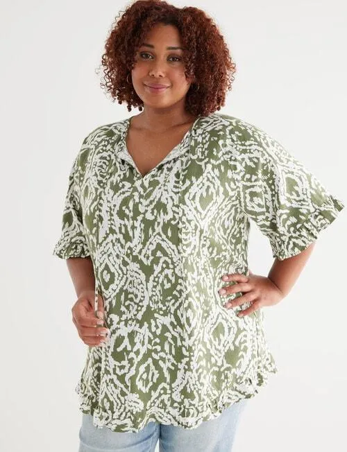 Studio Curve Linen Blend Frill Hem Peasant Top, Khaki Print
