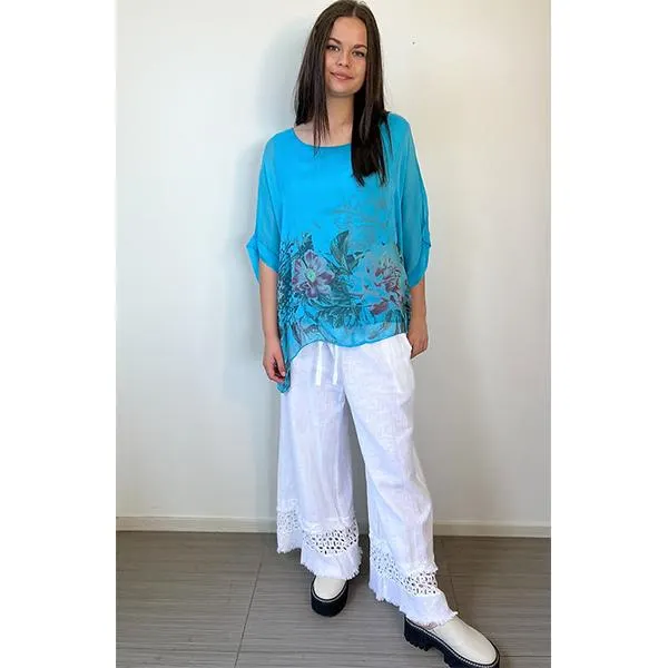 Silk Floral Hemline Top Turquoise