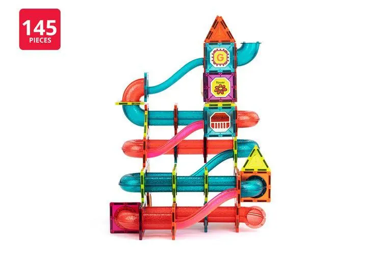 145 Piece Magnetic Tile Marble Ball Pipeline Run