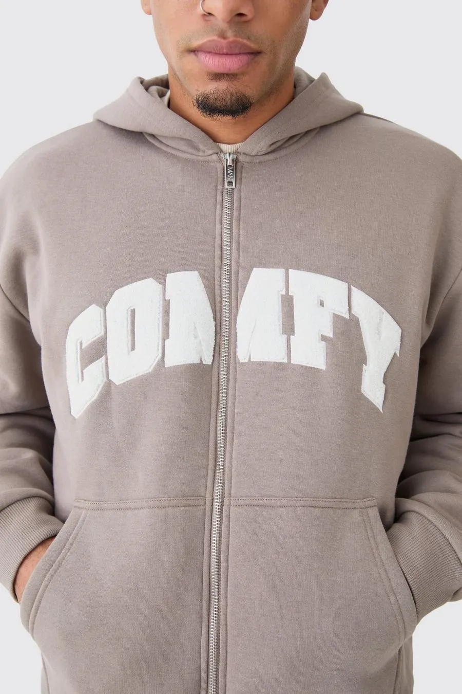 Oversized Boxy Zip Thru Borg Applique Hoodie