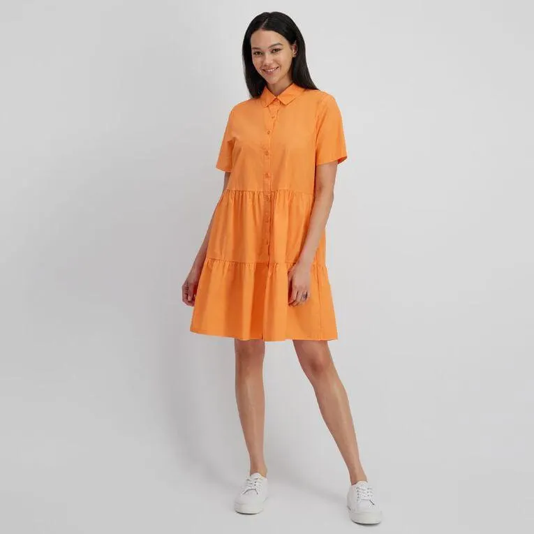 H&H Women's Short Sleeve Tiered Poplin Dress