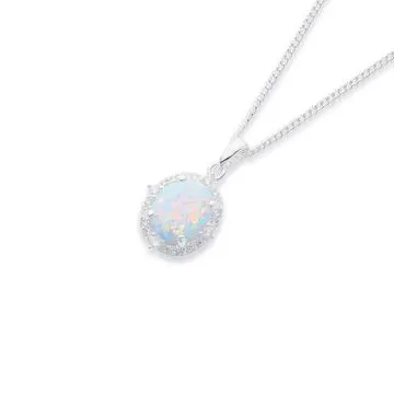 Sterling Silver Cubic Zirconia & Created Opal Oval Pendant