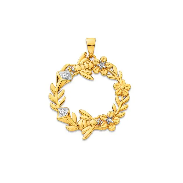 9ct Diamond Bee & Vine Circle Pendant
