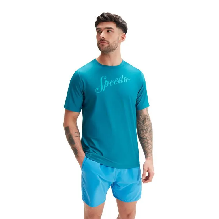 Speedo Mens Printed Short Sleeve Suntop Tee Ocean