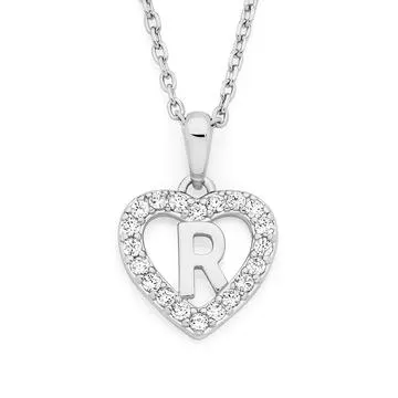 Silver Initial R in CZ Heart Pendant