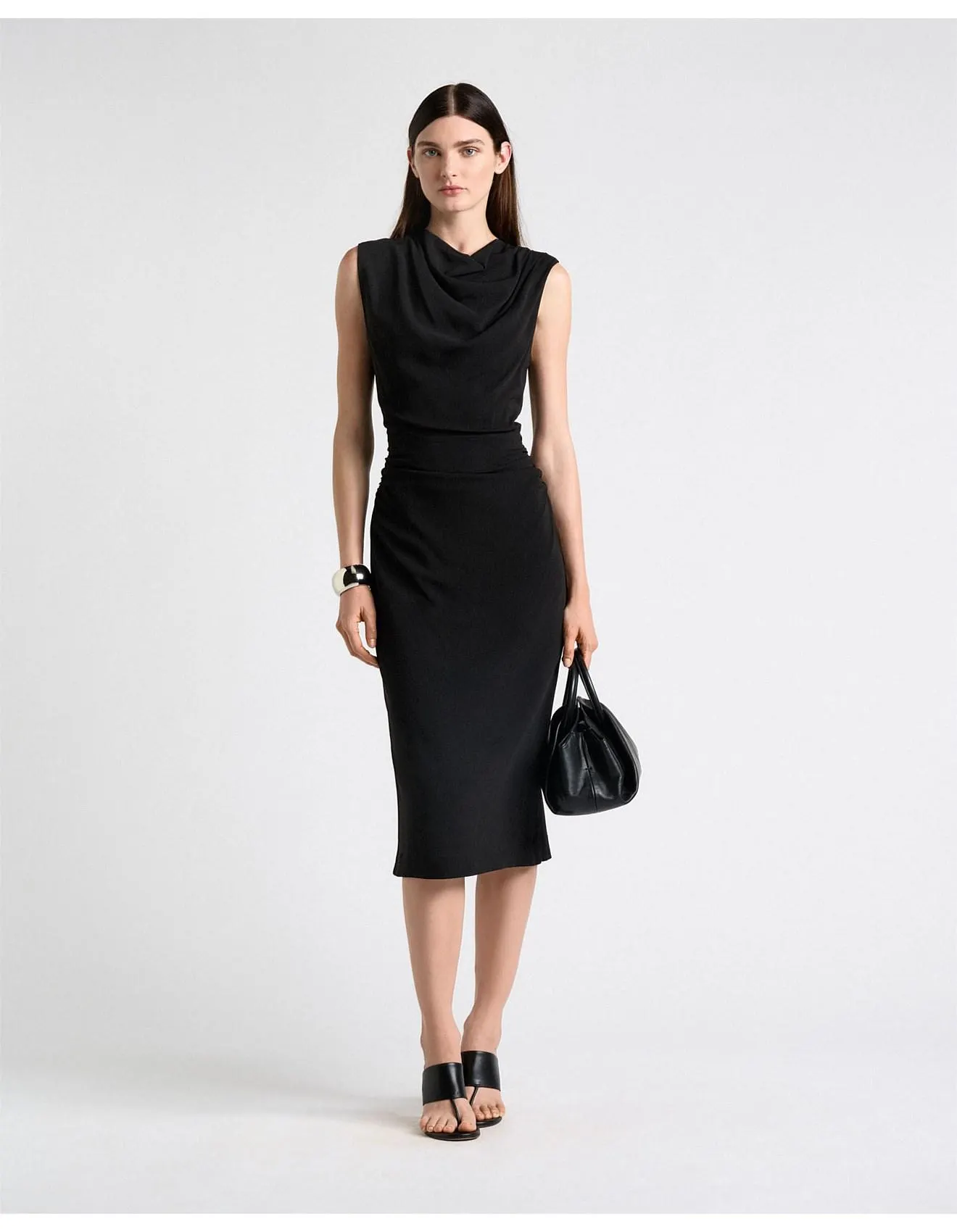 STRETCH VISCOSE DRAPE NECK PENCIL DRESS