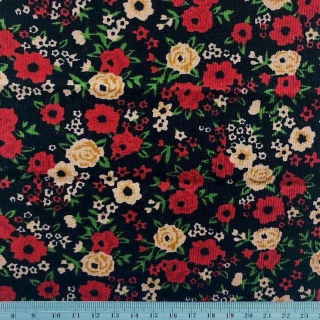 Printed Corduroy Fabric, Reds Bloom- Width 114cm