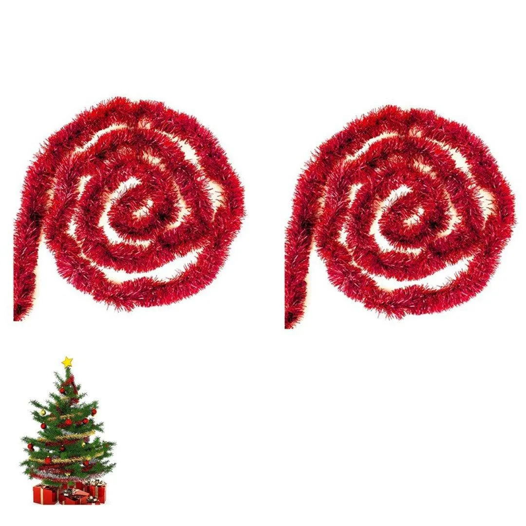 2Pcs Christmas Tinsel Garland Shiny Hanging Twist Garland for Christmas Tree Wedding Party Decorations-Red
