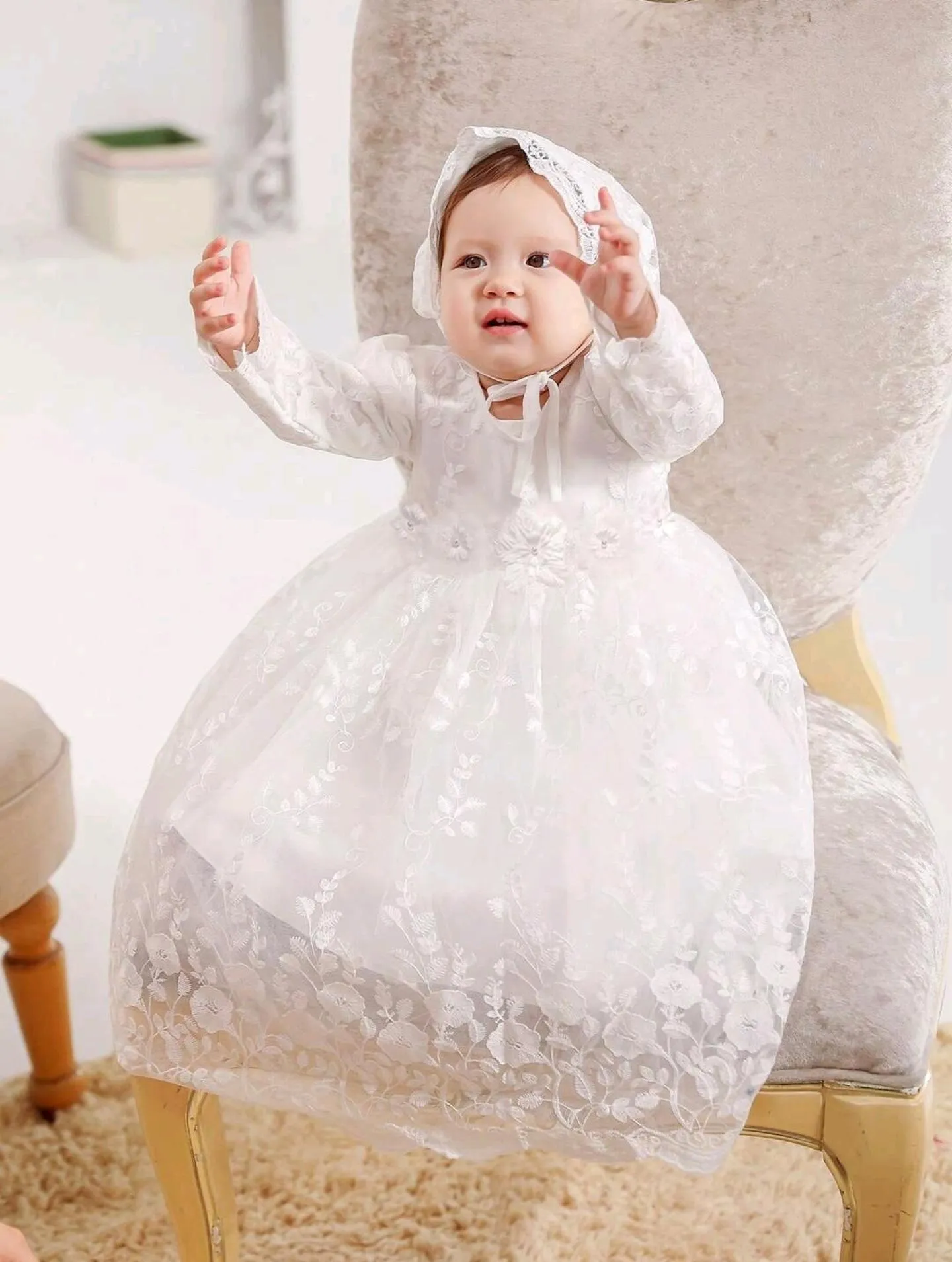 Baby Girls Long Sleeve Classic Christening Gown, Baptism Dress Bonnet Set - Naomi