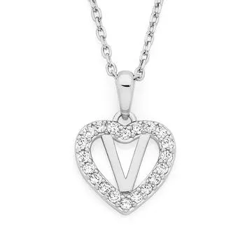 Silver Initial V in CZ Heart Pendant