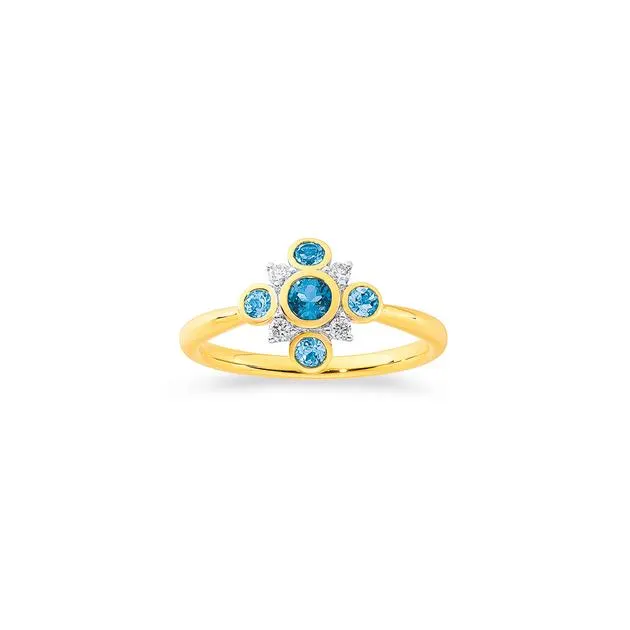 9ct London Blue Topaz and Diamond Rubover Ring