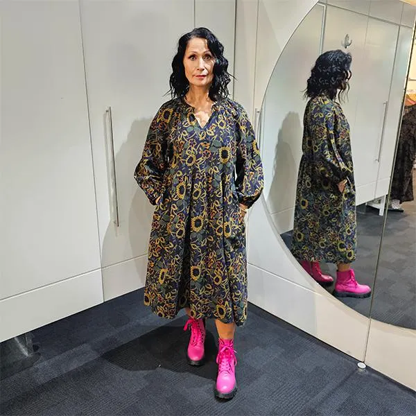 Gathered V Neck Dress Green Leaf