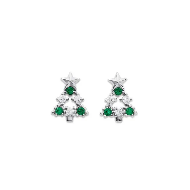 Sterling Silver Green Cubic Zirconia Christmas Tree Studs
