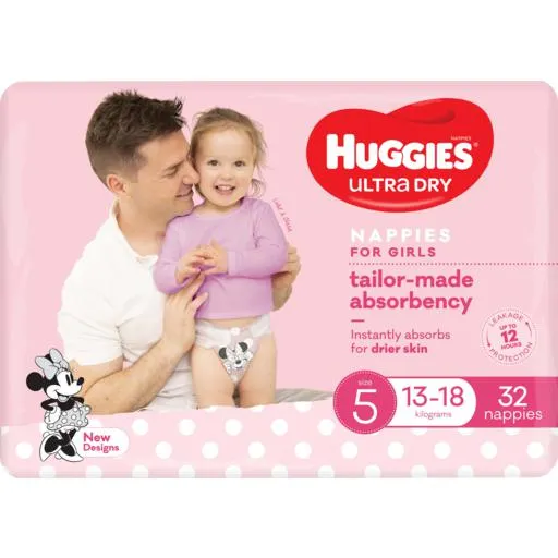 Huggies Nappies Ultra Dry Bulk Walker Girl Size 5 13-18kg 32 Pack