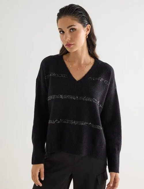 Whistle Long Sleeve Sequin Jumper, Black