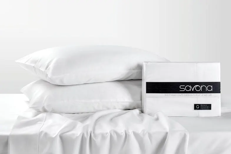 500TC Bamboo Cotton Blend White Sheet Set by Savona - 47cm drop