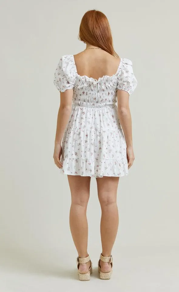 Poplin Shirred Puff Sleeve Dress