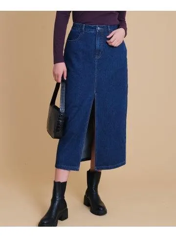 Women's Denim Long Midi Skirt in Dark Wash