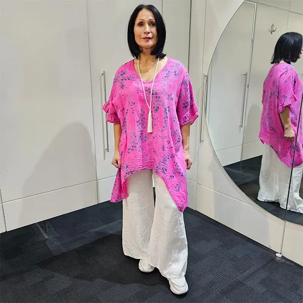 Updown Tops Leaf Print Hot Pink