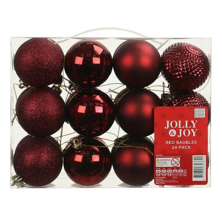 Jolly & Joy Assorted Bauble 24-Pack Red