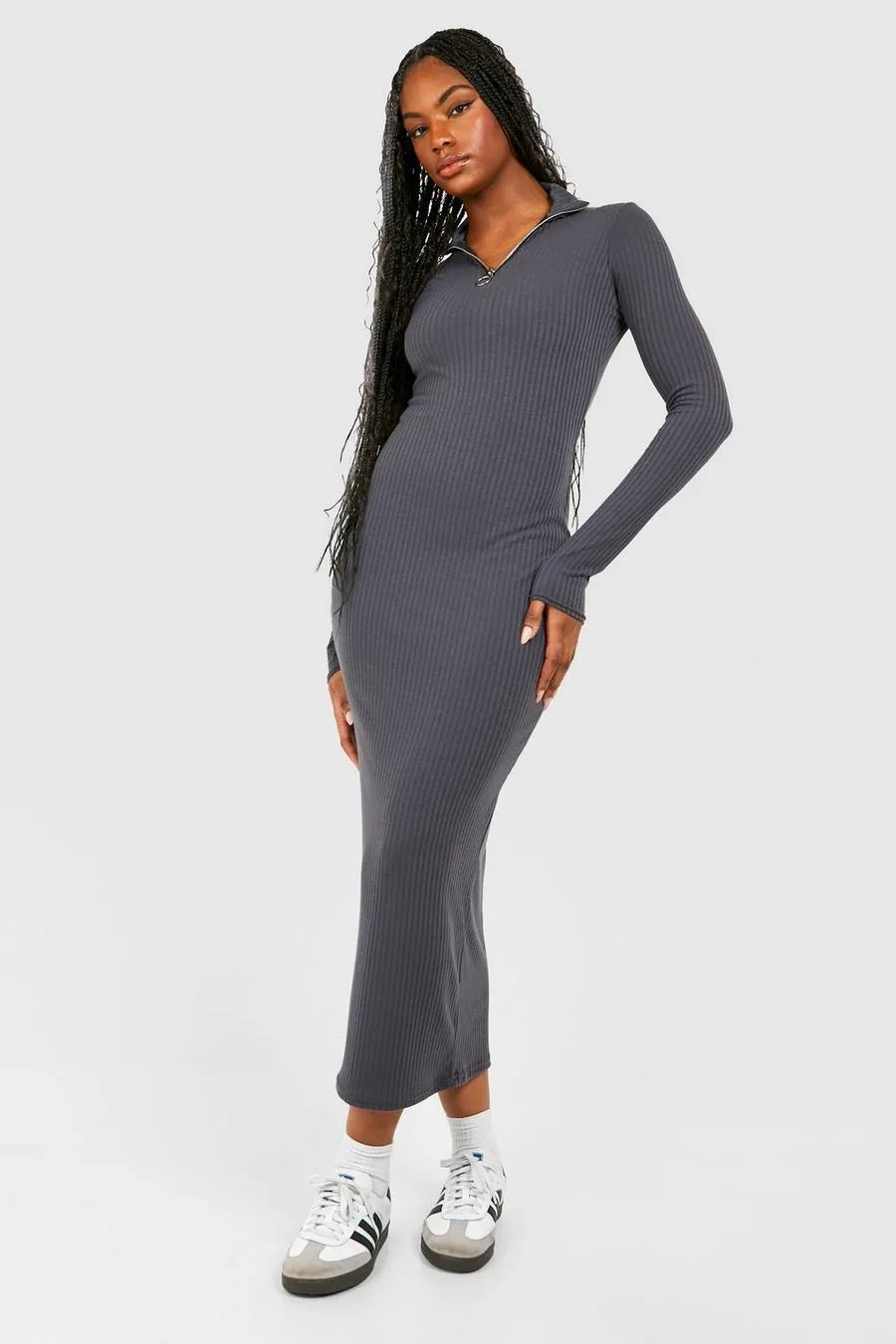 Tall Soft Rib Zip Longsleeve Midaxi Dress