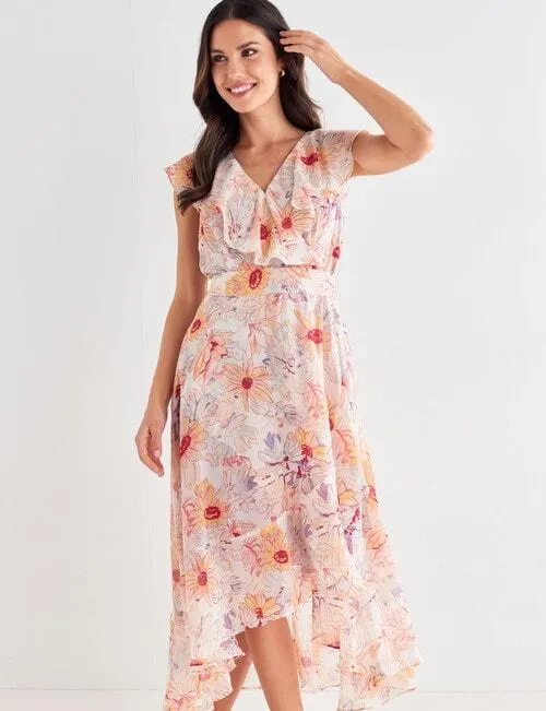 Whistle Spring Flowers Ruffle Wrap Dress, Peach