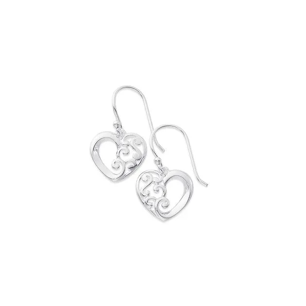 Sterling Silver Open Heart & Koru Drop Earrings