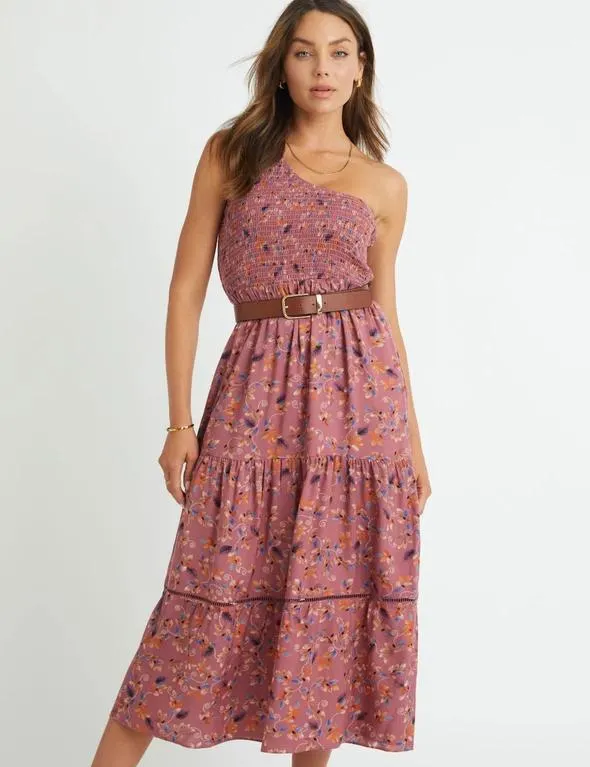 Rockmans One Shoulder Shirred Bodice Dress