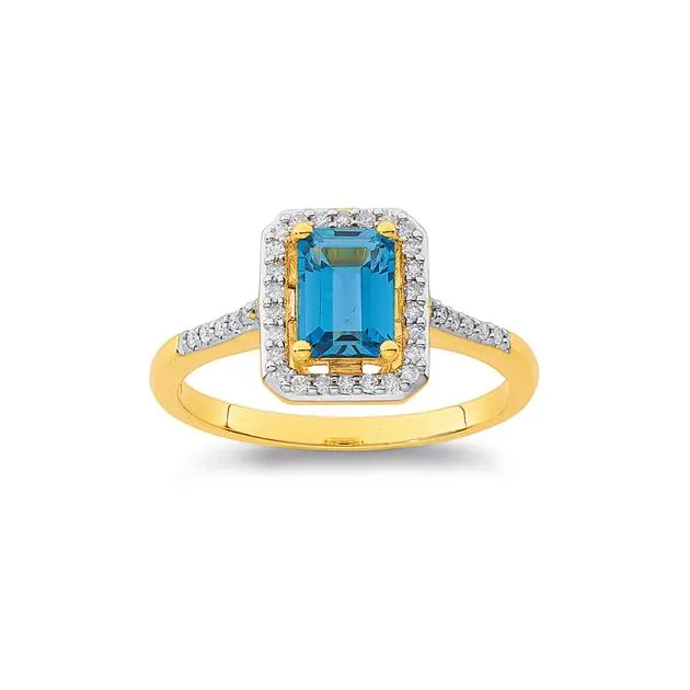 9ct London Blue Topaz & Diamond Emerald Cut Ring