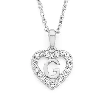 Silver Initial G in CZ Heart Pendant