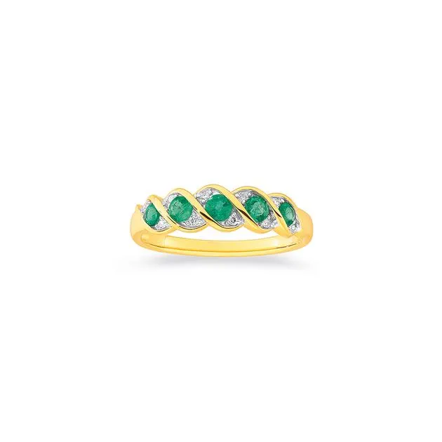 9ct Emerald and Diamond 5 Stone Twist Ring