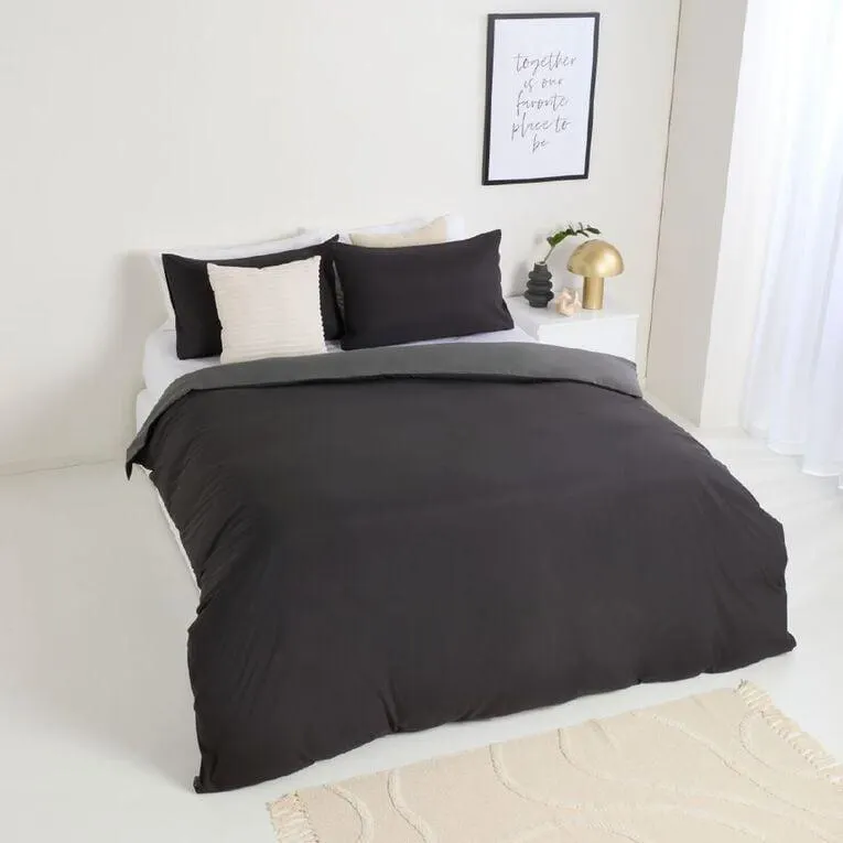 Living & Co Duvet Cover Set Microfibre Reversible Black/Grey Single