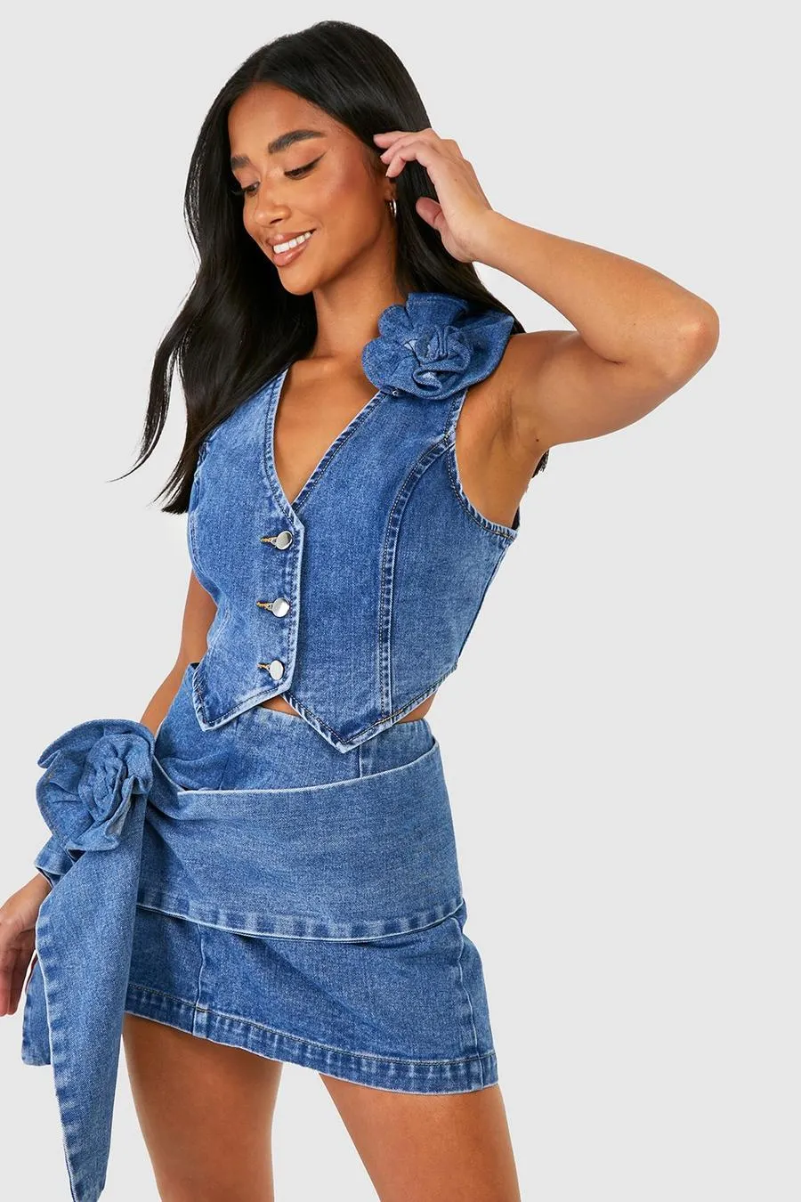 Petite Denim Waistcoat With Rose Corsage