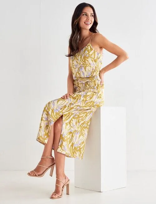 Whistle Squiggle Print Ruched Waist Slip Dress, Green