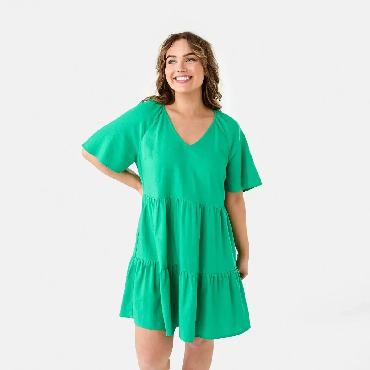 Short Sleeve Linen Blend Tiered Mini Dress
