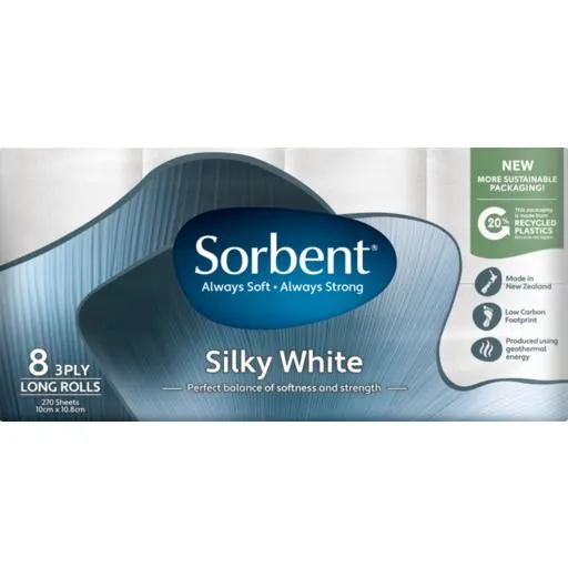 Sorbent Toilet Paper 3 Ply Long Roll White 8 Pack