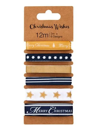 Christmas Wishes Fabric Ribbon Navy and Gold Pack of 6