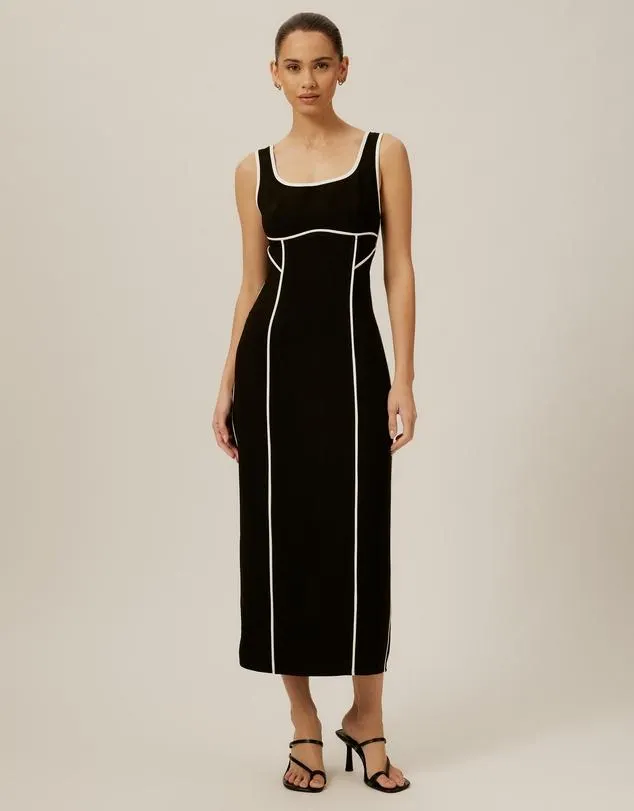 Contrast Piping Crepe Midi Dress
