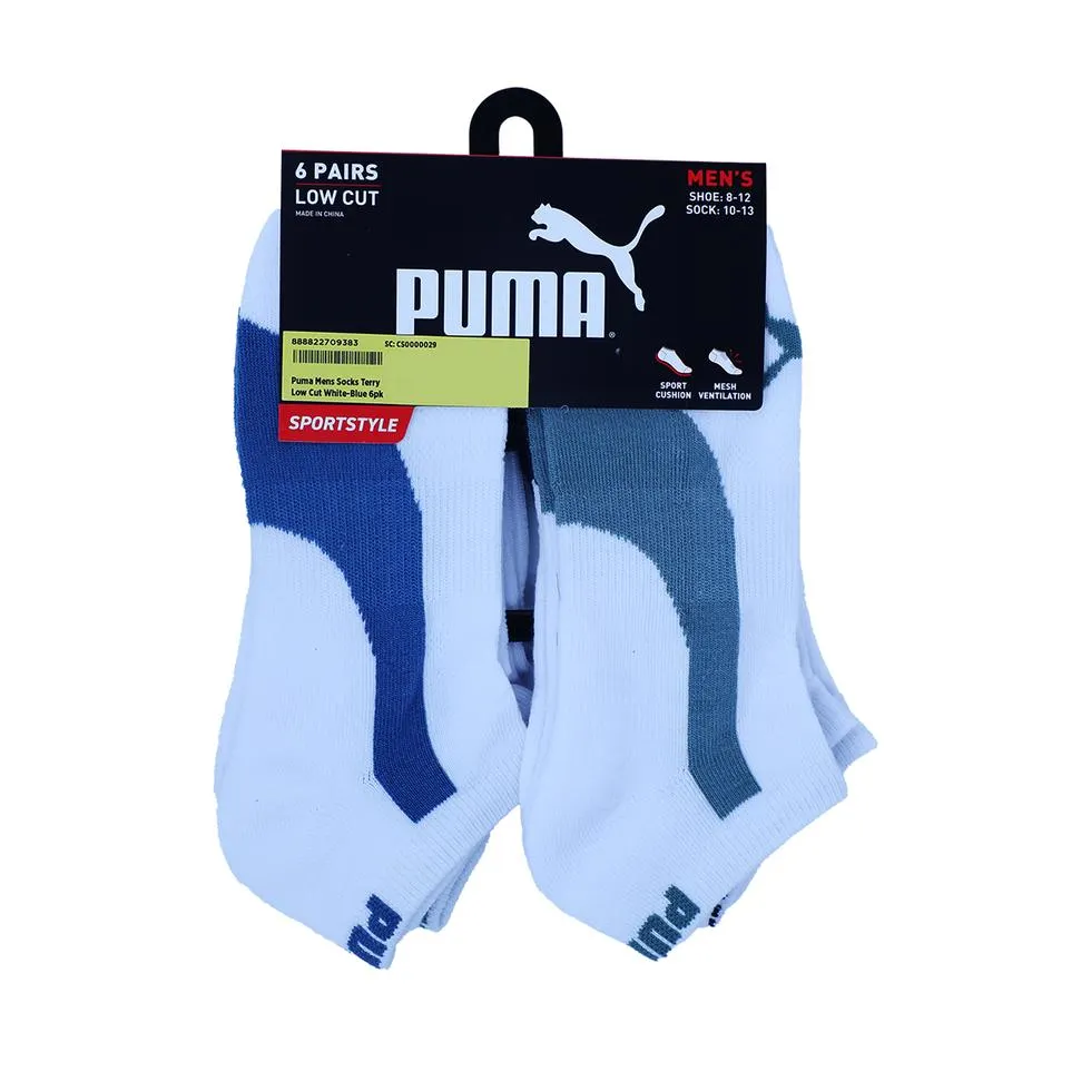 Puma Mens Socks Terry Low Cut White-Blue 6pk