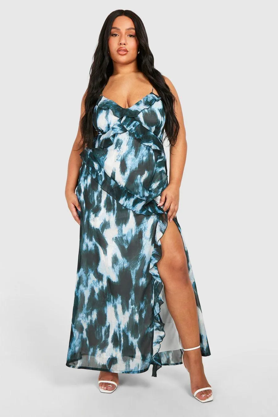 Plus Woven Abstract Print Ruffle Detail Strappy Maxi Dress