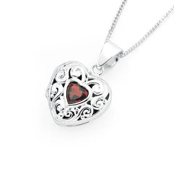 Sterling Silver Garnet Scroll Heart Locket