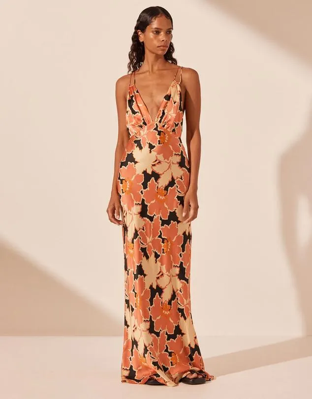 Rosa Silk Plunged Double Strap Maxi Dress
