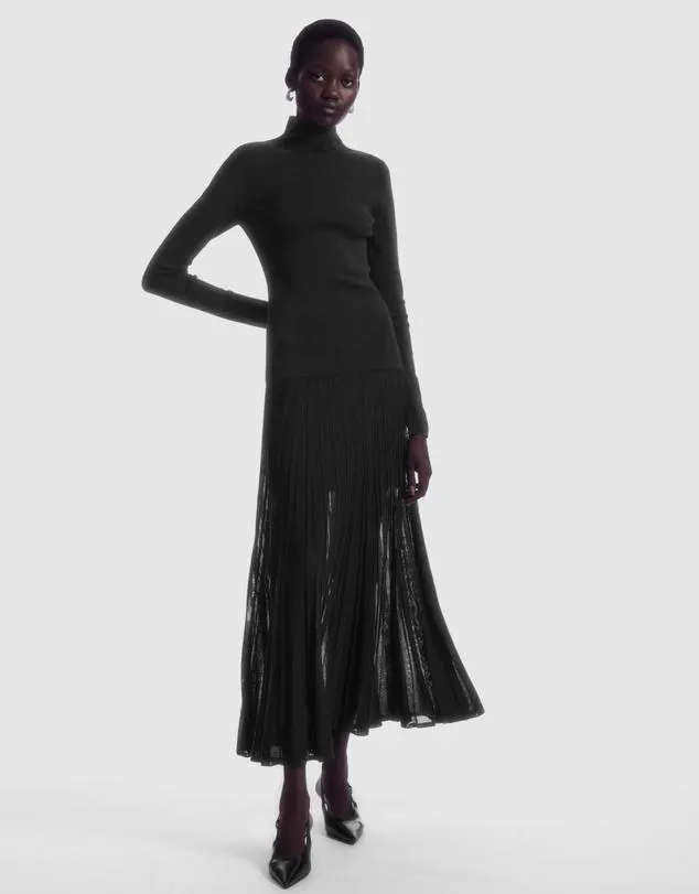 Pleated Knitted Turtleneck Maxi Dress