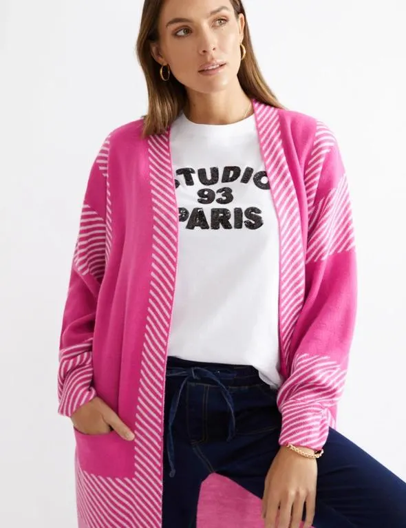 Katies Long Sleeve Edge To Edge Intarsia Designed Coatigan