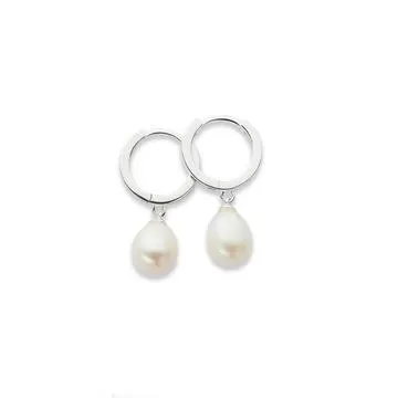 Silver Cultured Freshwater Pearl Drop On Huggie Earrings