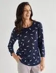 Ella J Feather 3/4 Sleeve Textured Tee, Navy