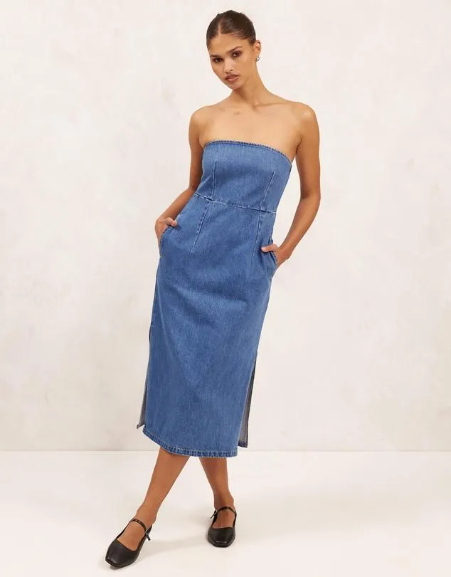 Organic Cotton Denim Strapless Midi Dress